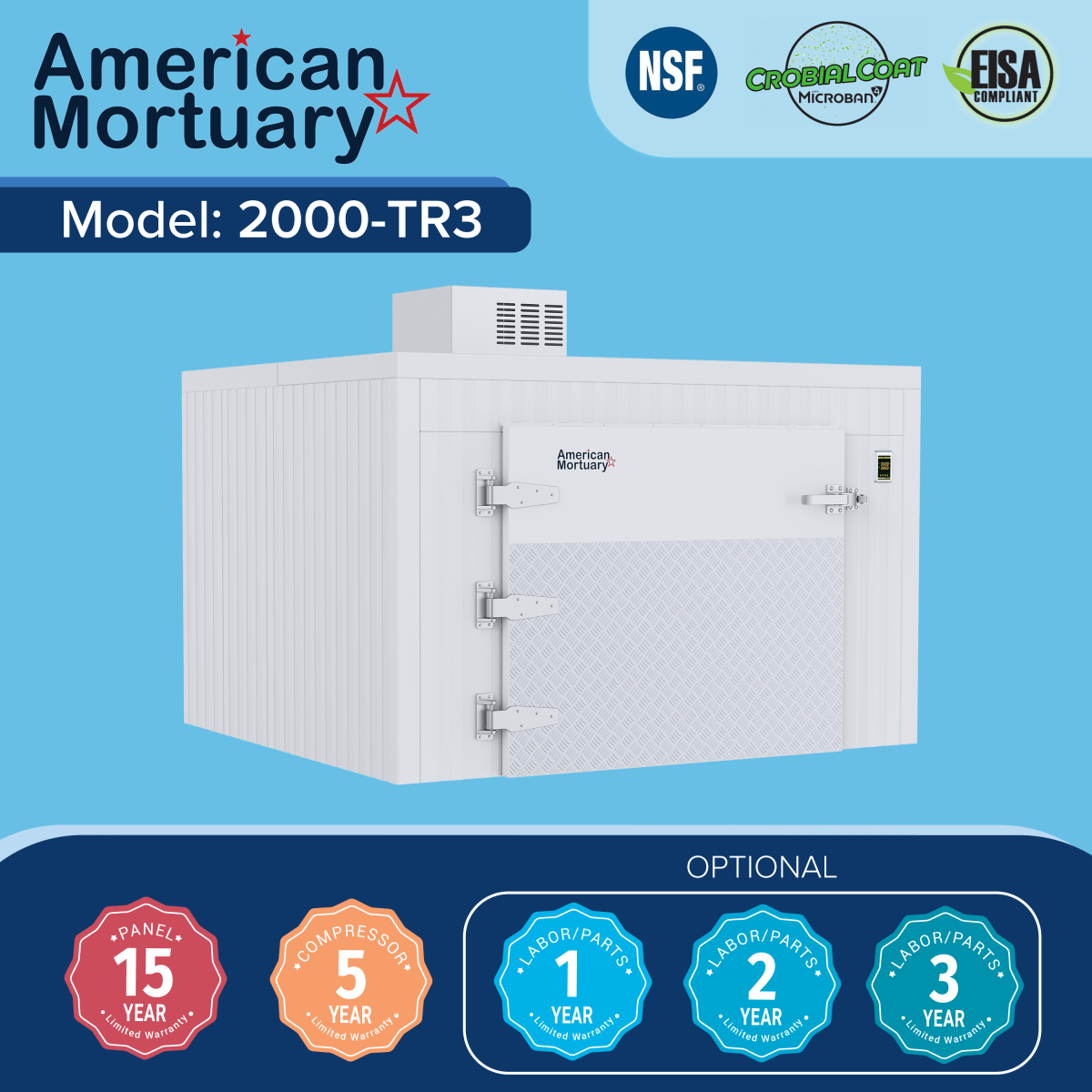 “Model 2000-TR3C roll-in mortuary cooler with diamond plate finish and stainless steel door.”