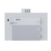 Interior of a triple-wide roll-in mortuary cooler accommodating three mortuary cots side by side