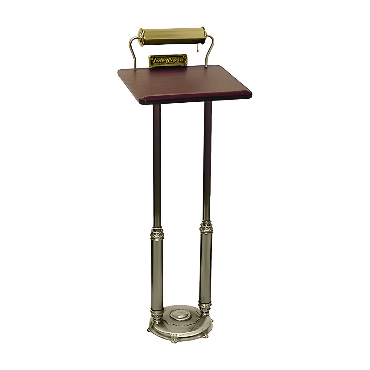Twin Column Register Stand in walnut laminate with a brass-finish frame by American Mortuary Equipment