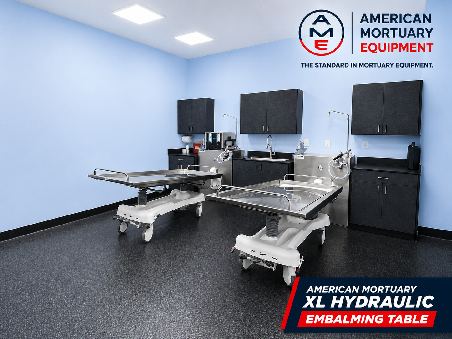 Two XL Hydraulic Embalming Tables | 2-Pack Bundle | Funeral Home Embalming Room | Stainless Steel Prep Tables | Powered Hydraulic Lift | American Mortuary Equipment