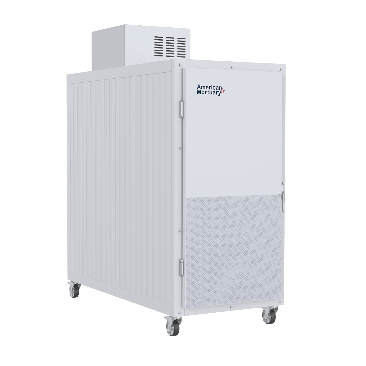 Four-body upright mortuary cooler with door open showing interior body racks and stainless steel finish — ideal for funeral homes and morgues.