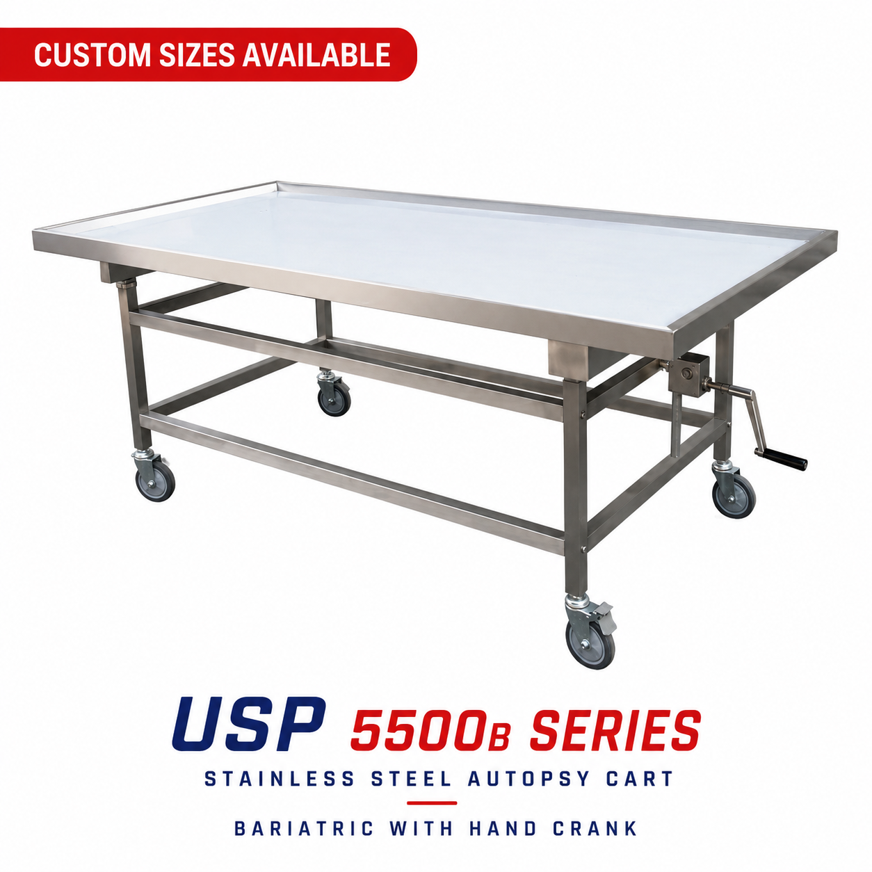 USP 5500B bariatric adjustable autopsy cart, stainless steel recessed top with hand crank and 8-inch total-lock casters, made in USA