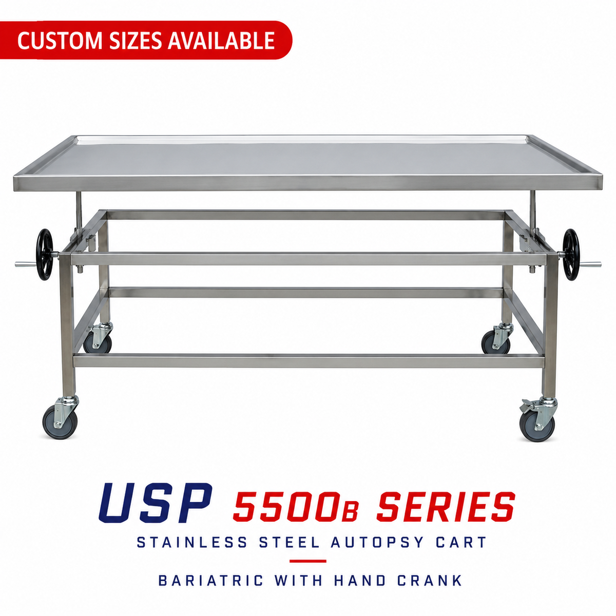 Bariatric Autopsy Cart with Hand Crank - usp recessed top casters