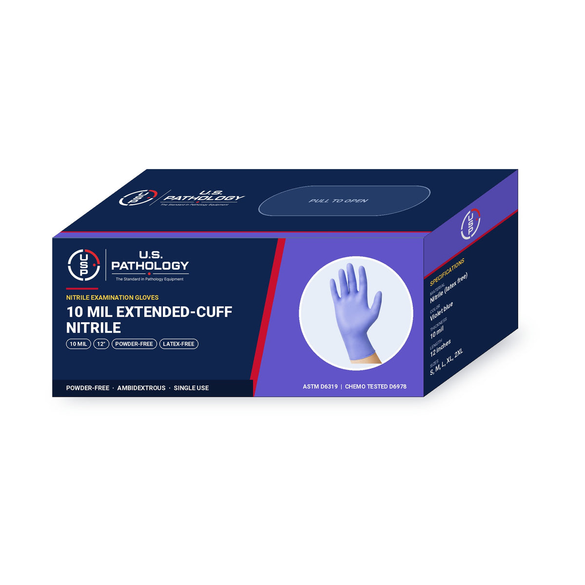 USPE 10 Mil Extended-Cuff Nitrile Exam Gloves dispenser box showing 10 mil, 12-inch length, powder-free and ASTM specifications