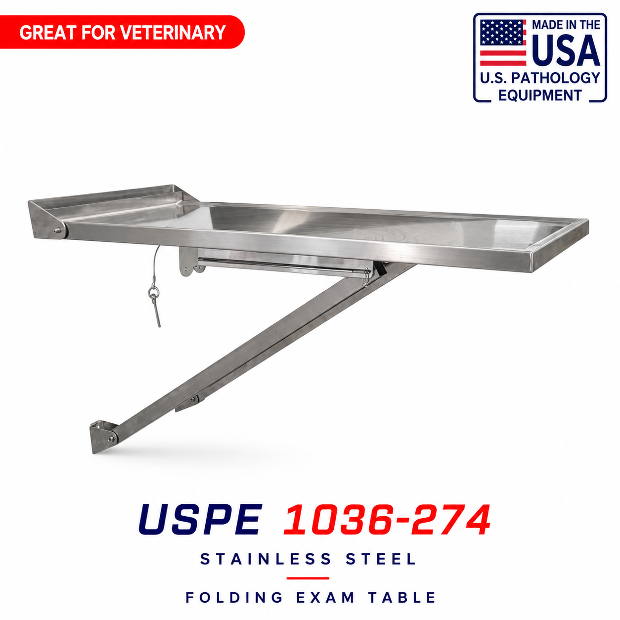 USPE 1036-274 folding vet exam table side profile with quick-disconnect locking pins and support leg