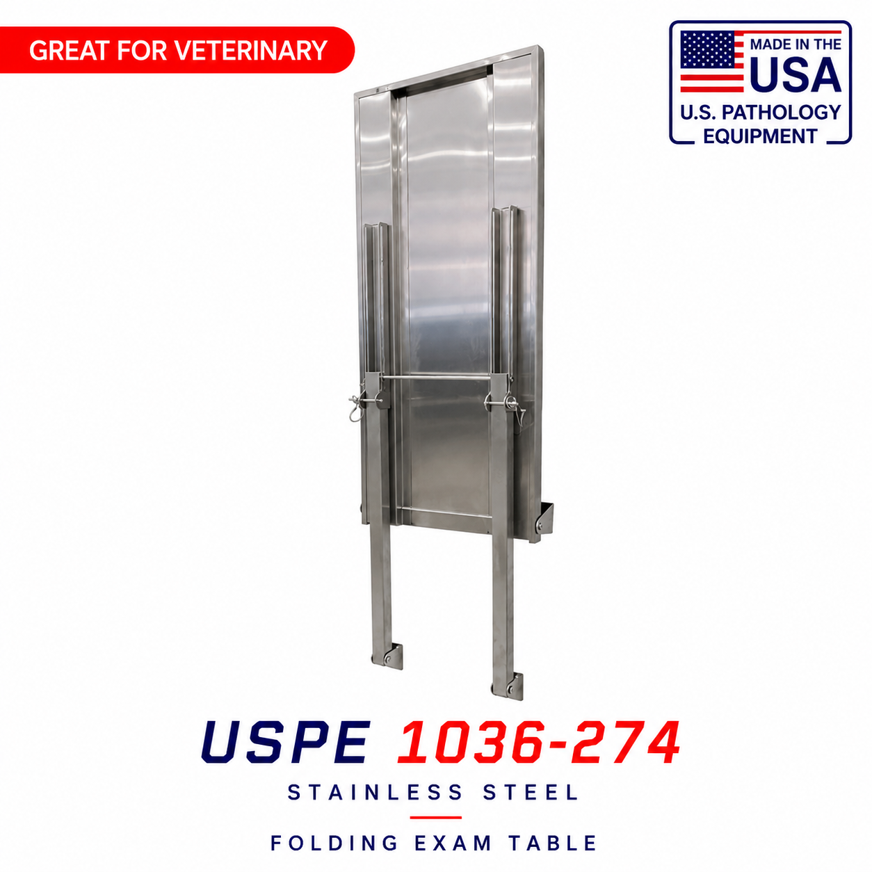 USPE 1036-274 wall mount veterinary exam table deployed, 304 stainless steel folding necropsy table made in USA