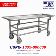 USPE-1038-BAT bariatric autopsy trolley, reinforced 304 stainless frame, widened dissection-grade platform for heavy-load medical examiner casework