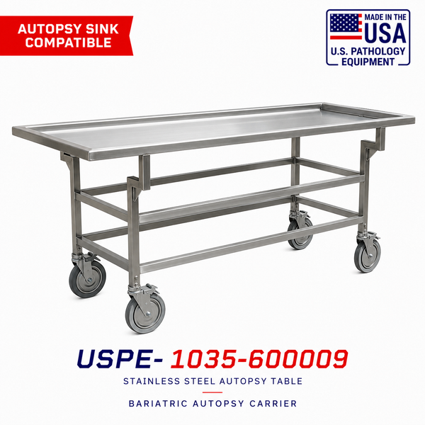 Bariatric Autopsy Trolley | USPE-1038-BAT | Reinforced 304 Stainless | Heavy-Load Forensic Casework | U.S. Pathology Equipment