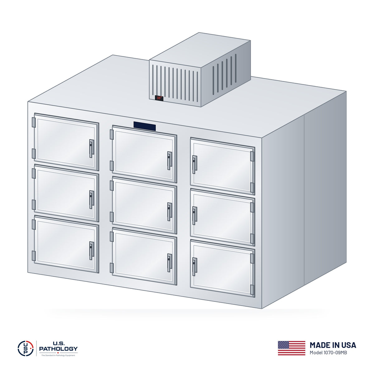 USPE 9-Body Vault Morgue Cooler, Model 1070-09MB, made in the USA, NSF and UL