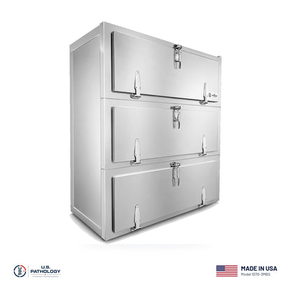 USPE 3-Body Side-Load Vault Morgue Cooler, Model 1070-3MBS, made in the USA, NSF and UL