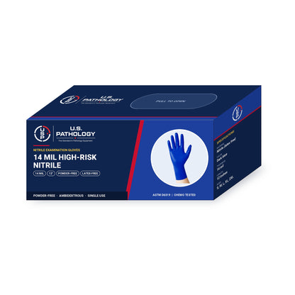 USPE 14 Mil High-Risk Nitrile Exam Gloves dispenser box showing 14 mil, 12-inch length, powder-free and ASTM specifications