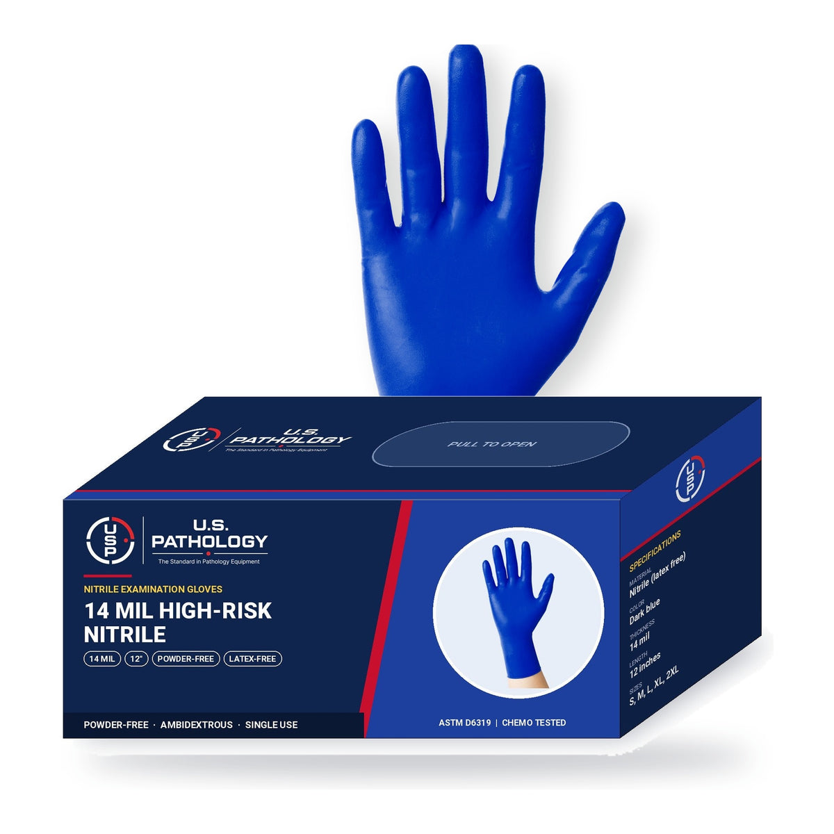 USPE 14 Mil High-Risk Nitrile Exam Gloves, dark blue glove with USPE dispenser box, 14 mil, 12-inch length, powder-free, sold by the case