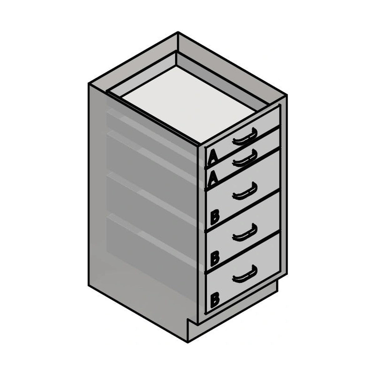 USPE USPE-CW-2358 lab base cabinet with 3 medium and 2 small drawers, line drawing view