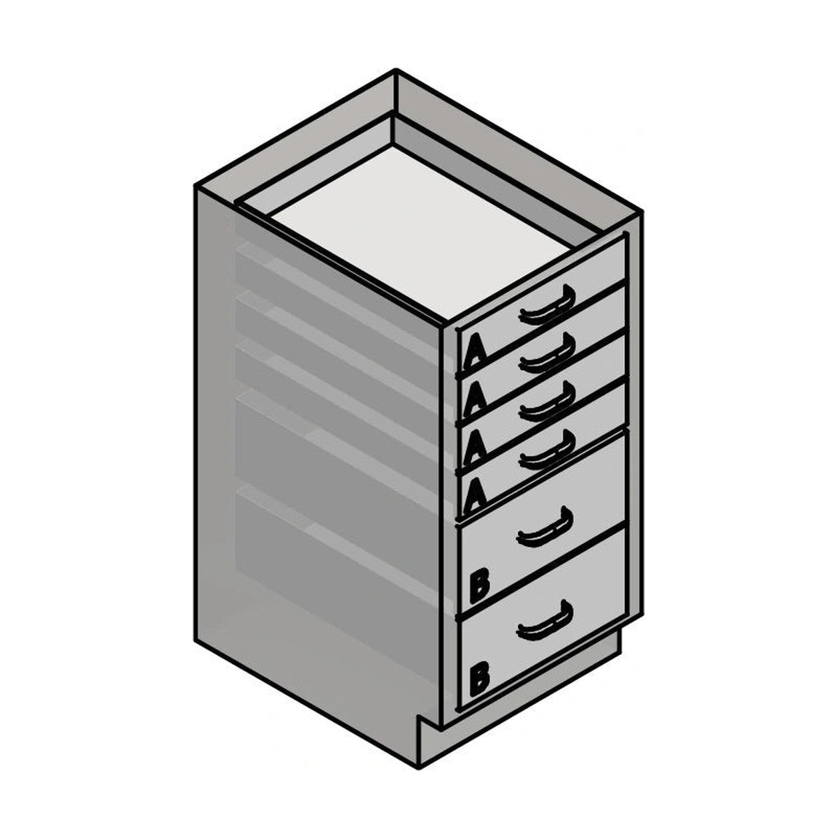USPE USPE-CW-2369 lab base cabinet with 2 medium and 4 small drawers, line drawing view
