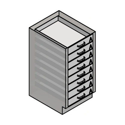 USPE USPE-CW-2373 lab base cabinet with 8 small drawers, line drawing view