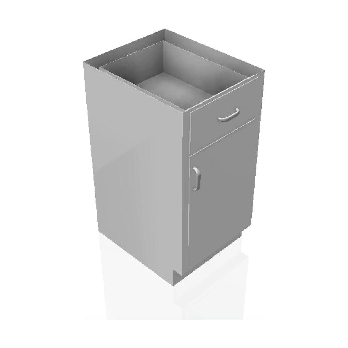 AME + USPE prep room casework: AME-CW-2375 prep room base cabinet with 1 medium drawer over 1 cabinet door, front perspective view