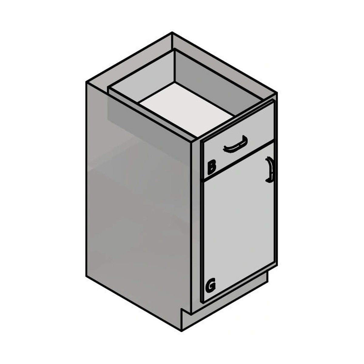 AME + USPE prep room casework: AME-CW-2375 prep room base cabinet with 1 medium drawer over 1 cabinet door, line drawing view