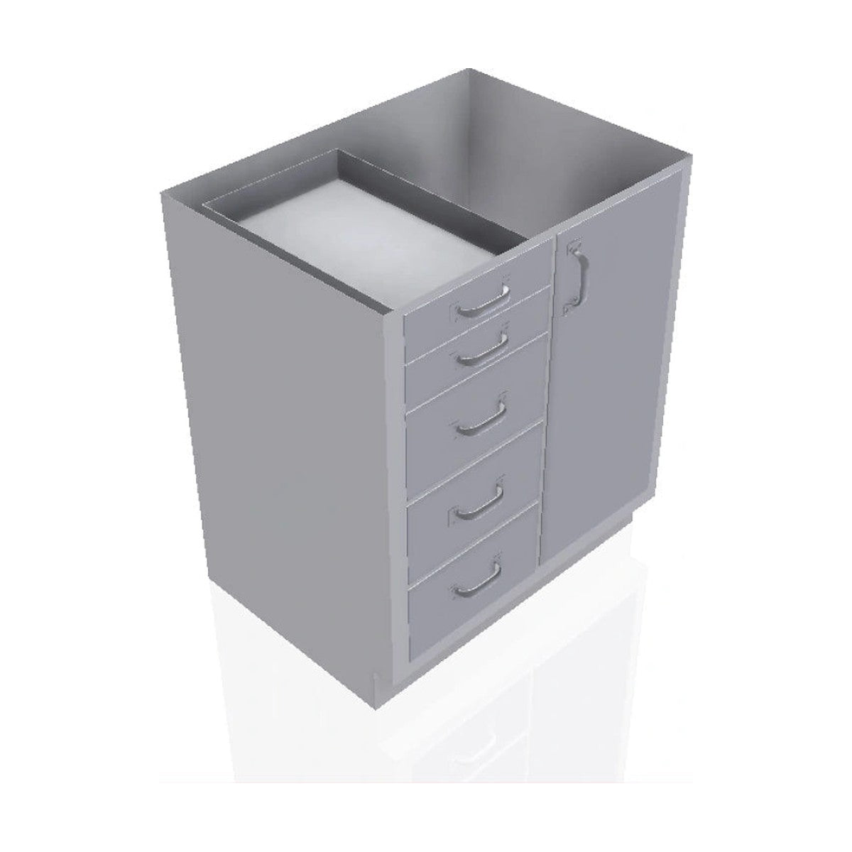 USPE USPE-CW-2383 lab base cabinet with 3 medium and 2 small drawers beside 1 cabinet door, front perspective view