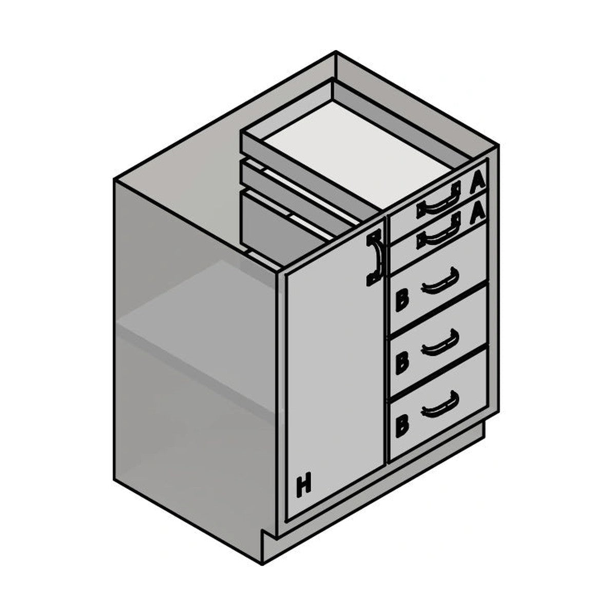 USPE USPE-CW-2383 lab base cabinet with 3 medium and 2 small drawers beside 1 cabinet door, line drawing view