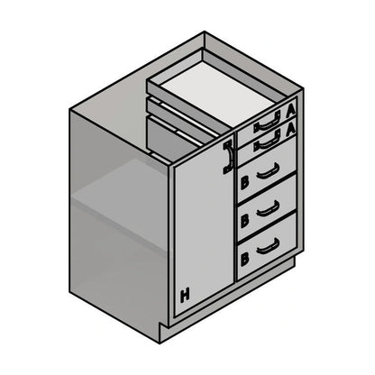 USPE USPE-CW-2383 lab base cabinet with 3 medium and 2 small drawers beside 1 cabinet door, line drawing view