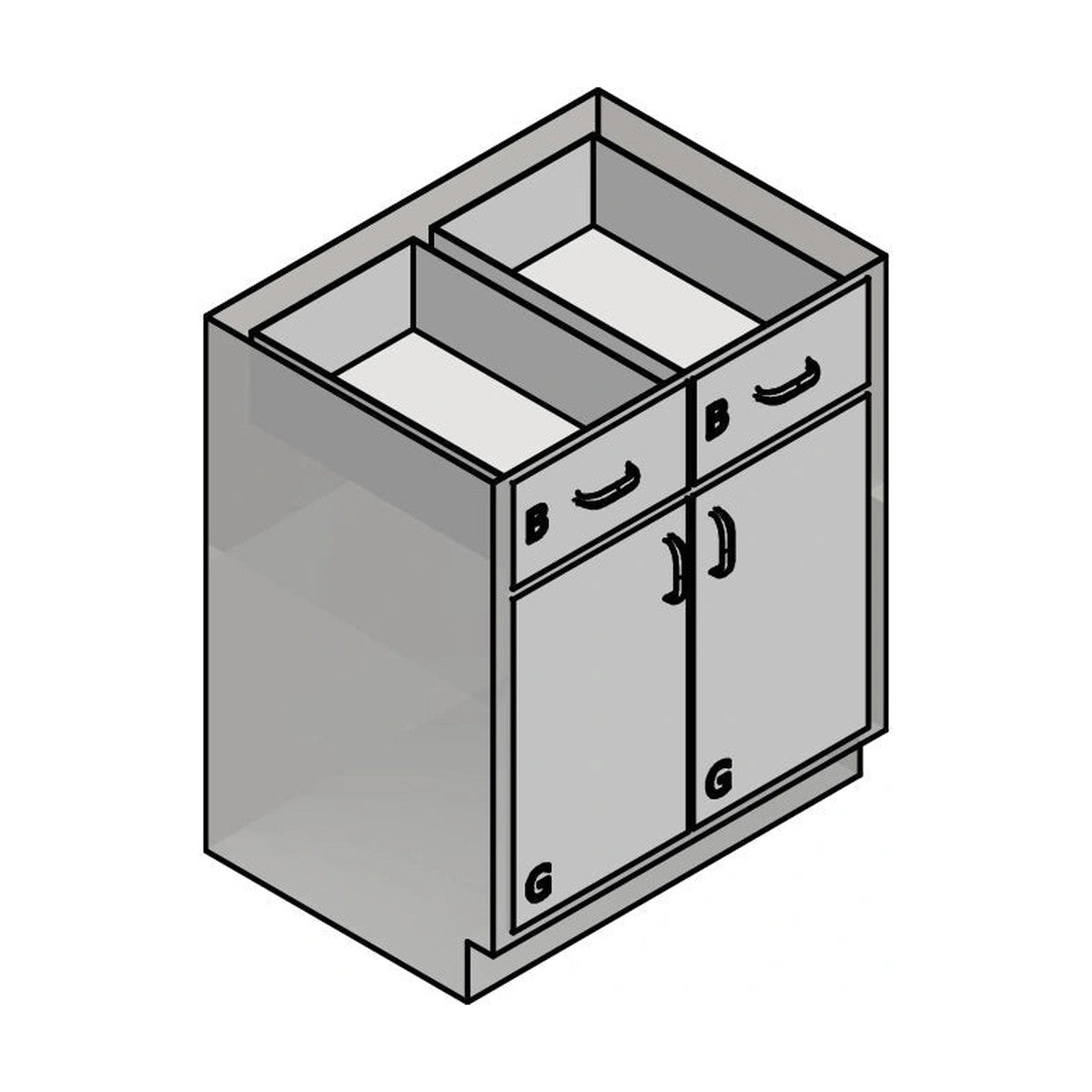 USPE USPE-CW-2385 lab base cabinet with 2 medium drawers over 2 cabinet doors, line drawing view