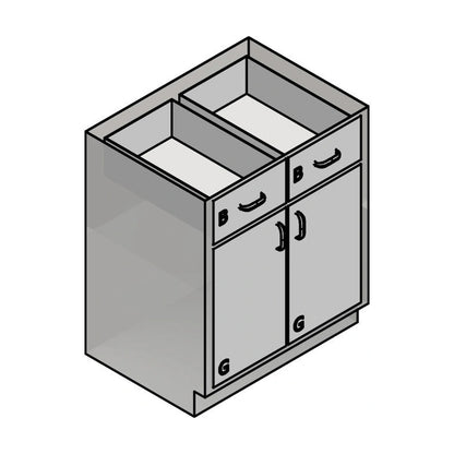 USPE USPE-CW-2385 lab base cabinet with 2 medium drawers over 2 cabinet doors, line drawing view