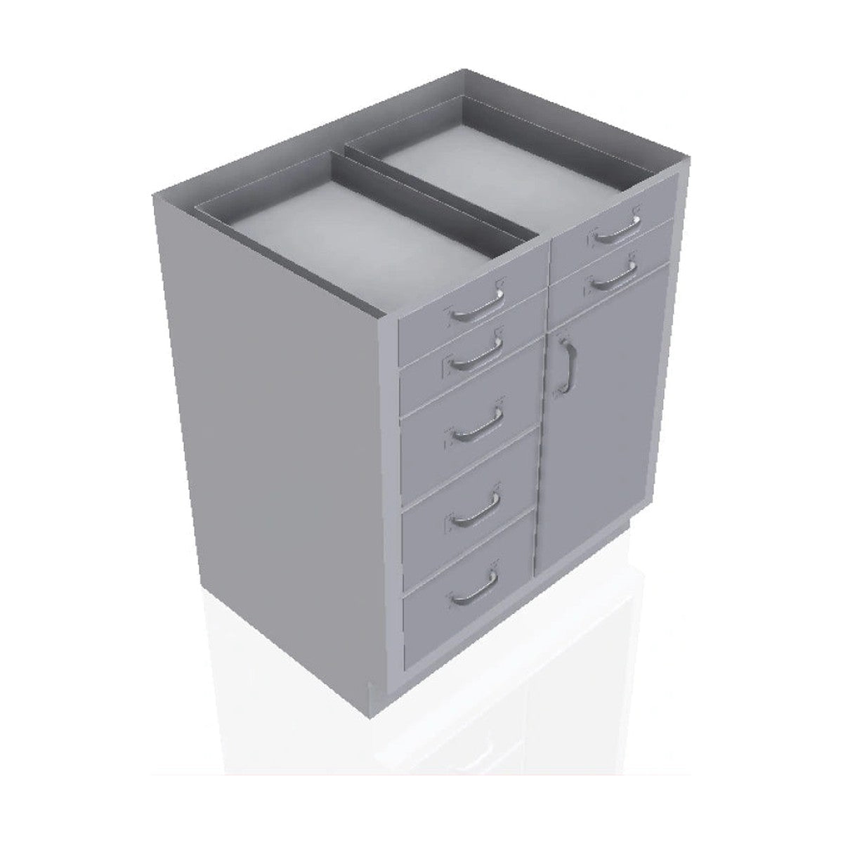 USPE USPE-CW-2389 lab base cabinet with 3 medium and 4 small drawers beside 1 cabinet door, front perspective view