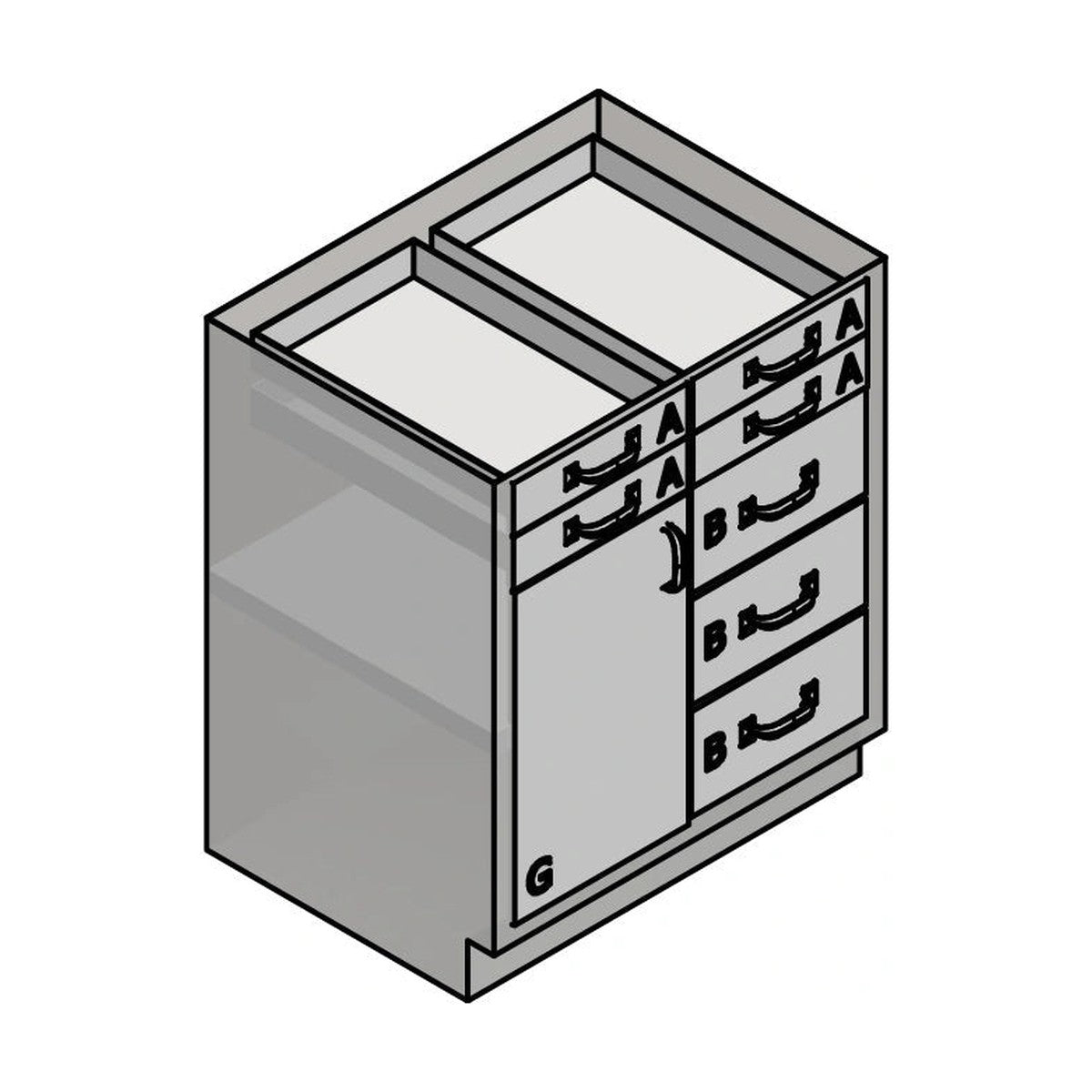 USPE USPE-CW-2389 lab base cabinet with 3 medium and 4 small drawers beside 1 cabinet door, line drawing view