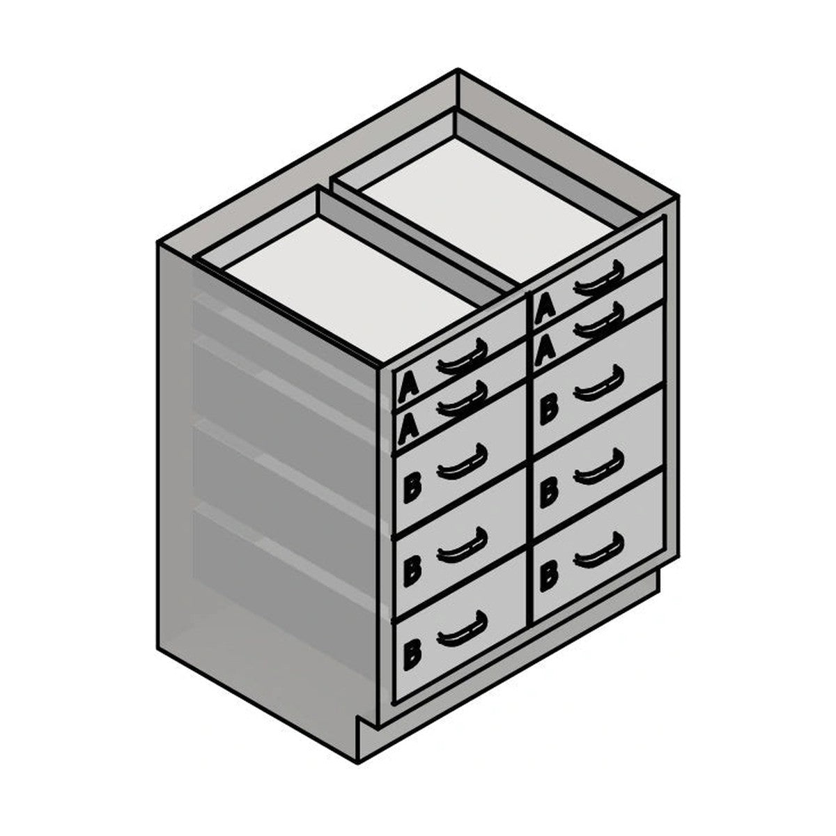 USPE USPE-CW-2395 lab base cabinet with 4 small and 6 medium drawers, line drawing view