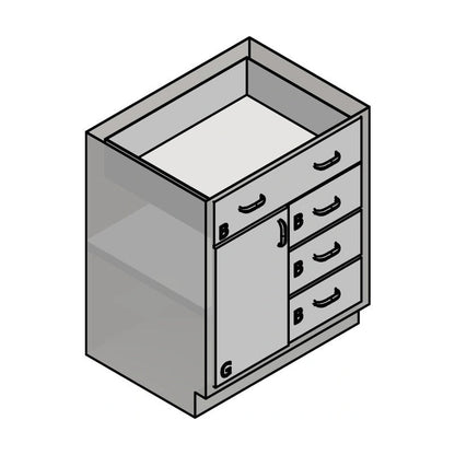 USPE USPE-CW-2405 lab base cabinet with 1 full-width medium top drawer, 3 medium drawers and 1 cabinet door, line drawing view