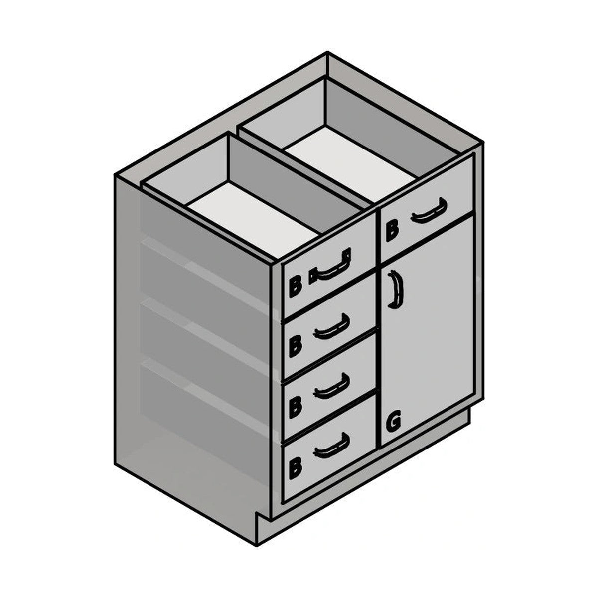 USPE USPE-CW-2413 lab base cabinet with 5 medium drawers beside 1 cabinet door, line drawing view