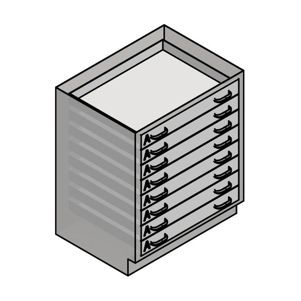 USPE USPE-CW-2417 lab base cabinet with 8 small full-width drawers, line drawing view