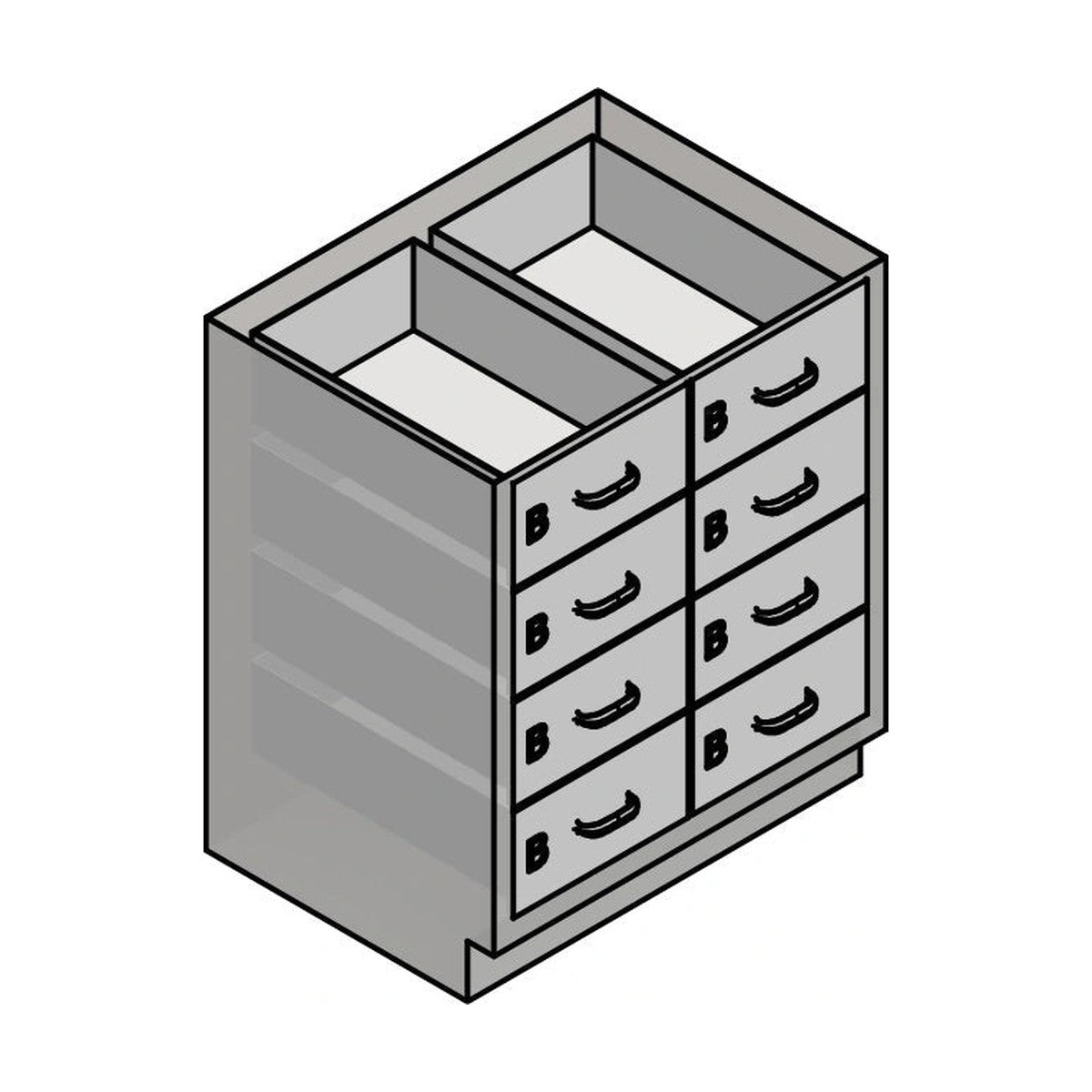 USPE USPE-CW-2423 lab base cabinet with 8 medium drawers, line drawing view