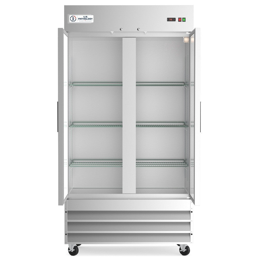 USPE 40" Two-Door Solid Lab Refrigerator, 27.6 Cu. Ft. (USPE-LR2-40S), doors open interior