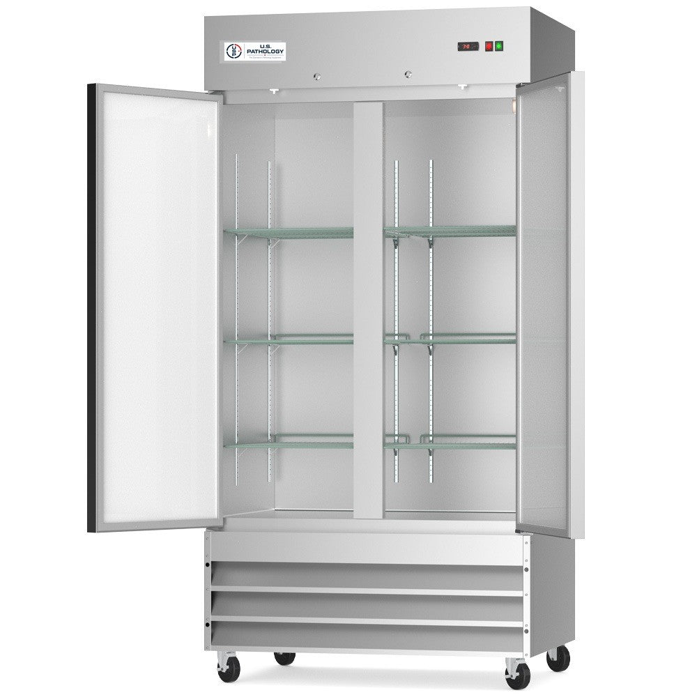 USPE 40" Two-Door Solid Lab Refrigerator, 27.6 Cu. Ft. (USPE-LR2-40S), doors open interior