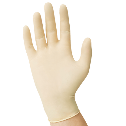 USPE 5.5 mil smooth latex exam glove in natural, 9.5-inch length, powder-free