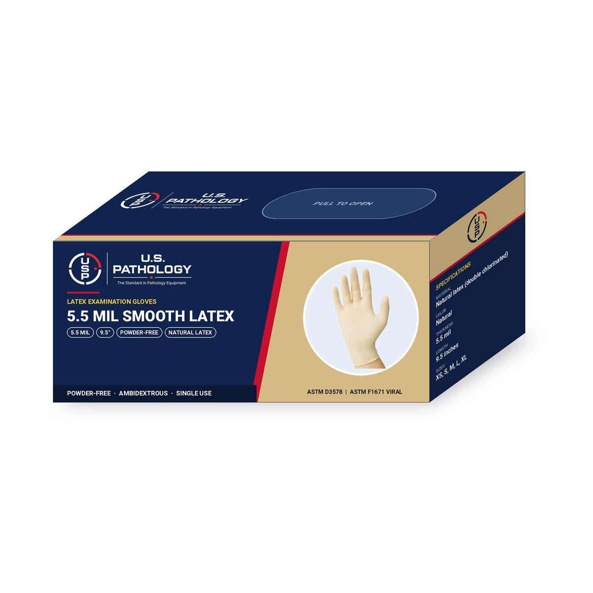 USPE 5.5 Mil Smooth Latex Exam Gloves dispenser box showing 5.5 mil, 9.5-inch length, powder-free and ASTM specifications