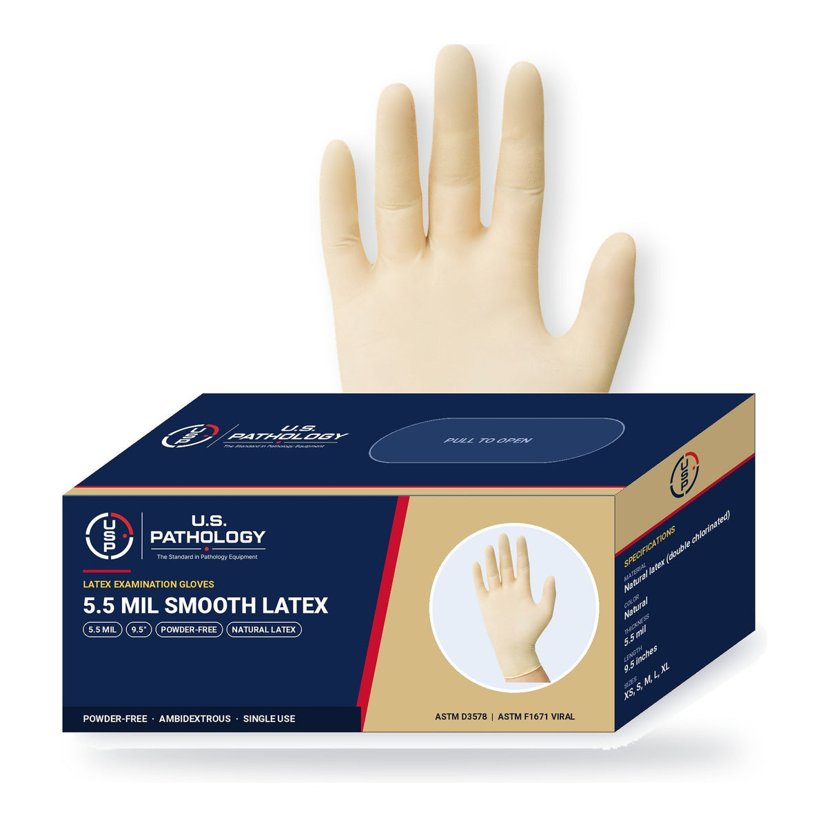USPE 5.5 Mil Smooth Latex Exam Gloves, natural glove with USPE dispenser box, 5.5 mil, 9.5-inch length, powder-free, sold by the case
