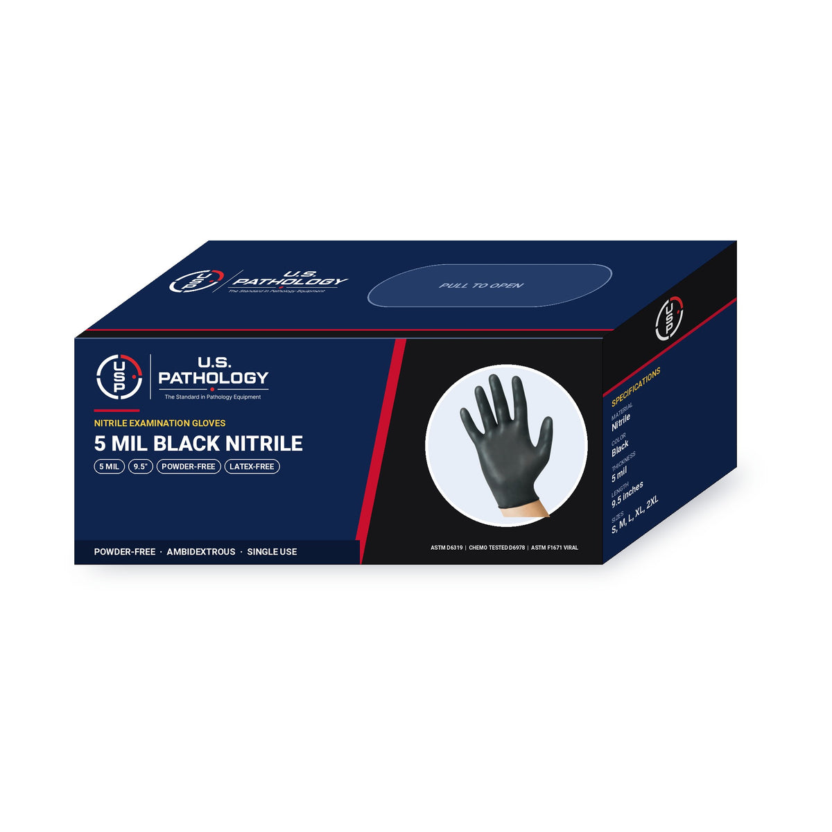 USPE 5 Mil Black Nitrile Exam Gloves dispenser box showing 5 mil, 9.5-inch length, powder-free and ASTM specifications