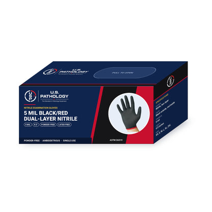 USPE 5 Mil Black/Red Dual-Layer Nitrile Gloves dispenser box showing 5 mil, 9.5-inch length, powder-free and ASTM specifications