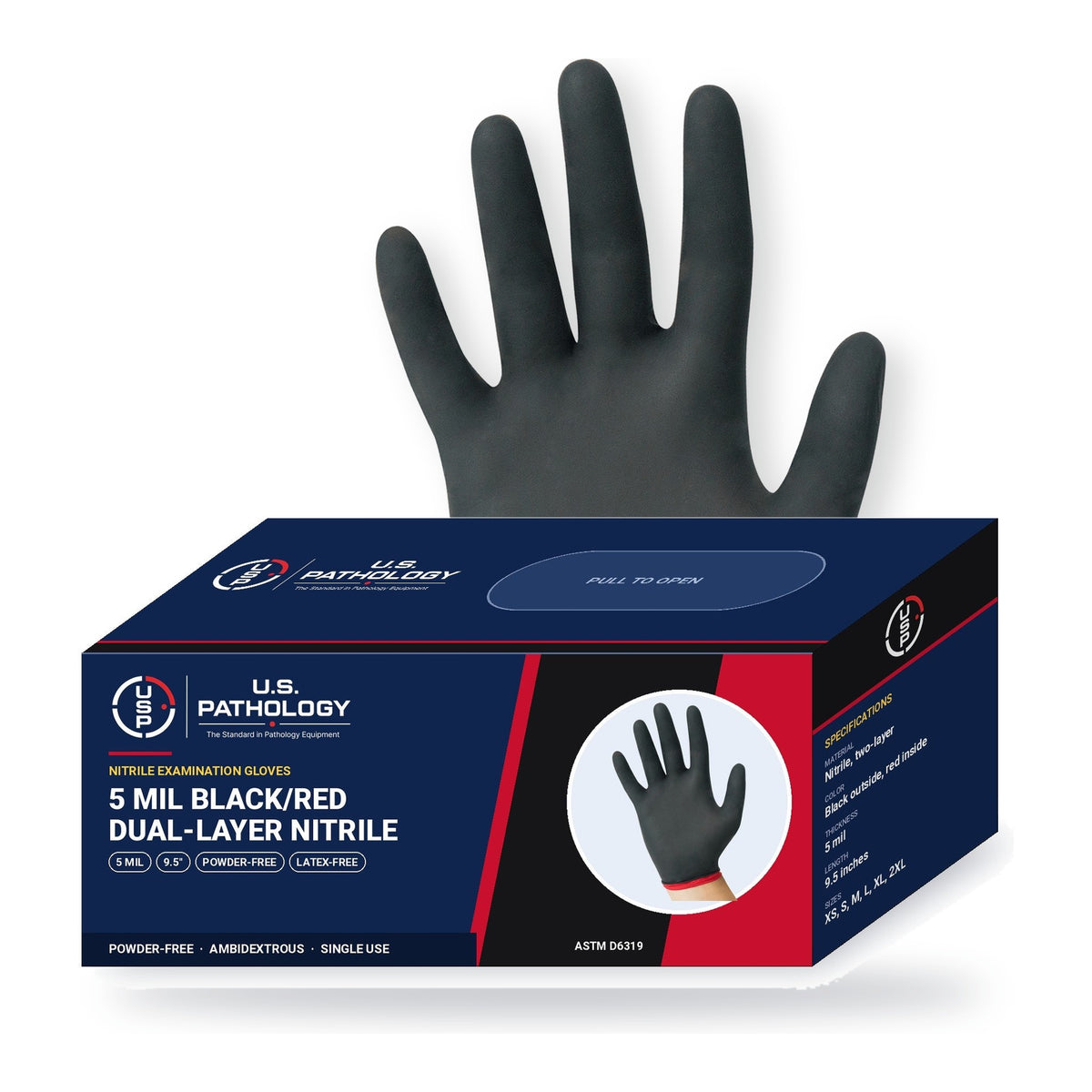 USPE 5 Mil Black/Red Dual-Layer Nitrile Gloves, black outside, red inside glove with USPE dispenser box, 5 mil, 9.5-inch length, powder-free, sold by the case