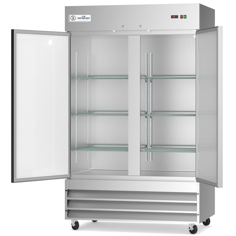 USPE 54" Two-Door Solid Lab Refrigerator, 41.3 Cu. Ft. (USPE-LR2-54S), doors open interior