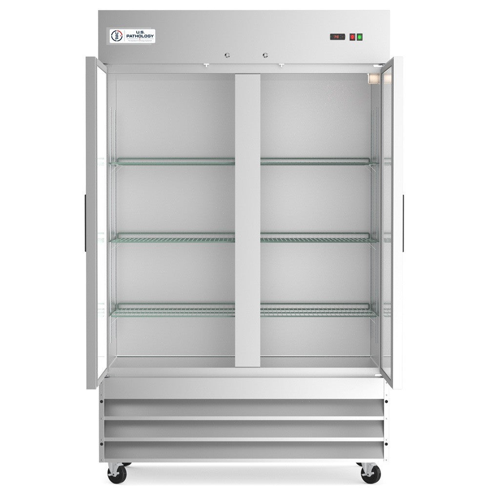 USPE 54" Two-Door Solid Lab Refrigerator, 41.3 Cu. Ft. (USPE-LR2-54S), doors open interior