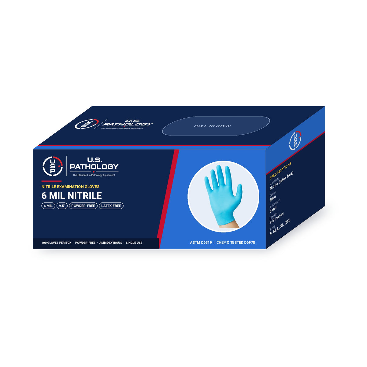 USPE 6 Mil Nitrile Exam Gloves dispenser box showing 6 mil, 9.5-inch length, powder-free and ASTM specifications
