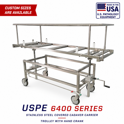 USPE-6400 cadaver carrier hand-crank elevation mechanism detail, zero-hydraulic zero-electrical morgue equipment
