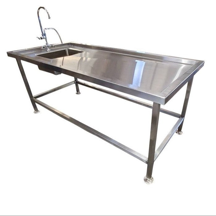 USPE-AT-84S autopsy table with sink, four-leg welded frame and lower rail