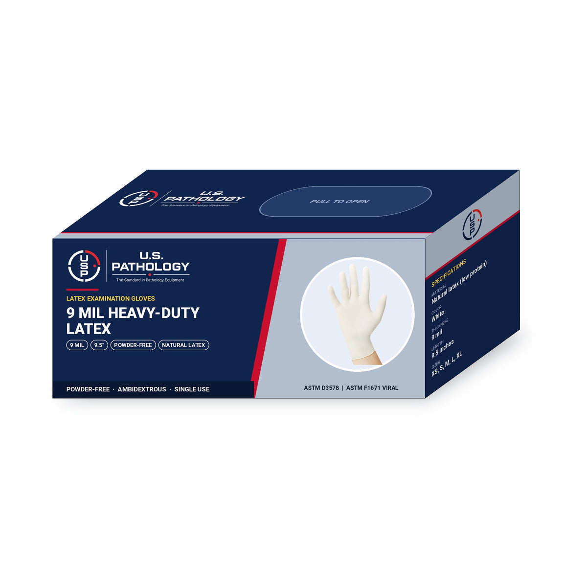 USPE 9 Mil Heavy-Duty Latex Exam Gloves dispenser box showing 9 mil, 9.5-inch length, powder-free and ASTM specifications