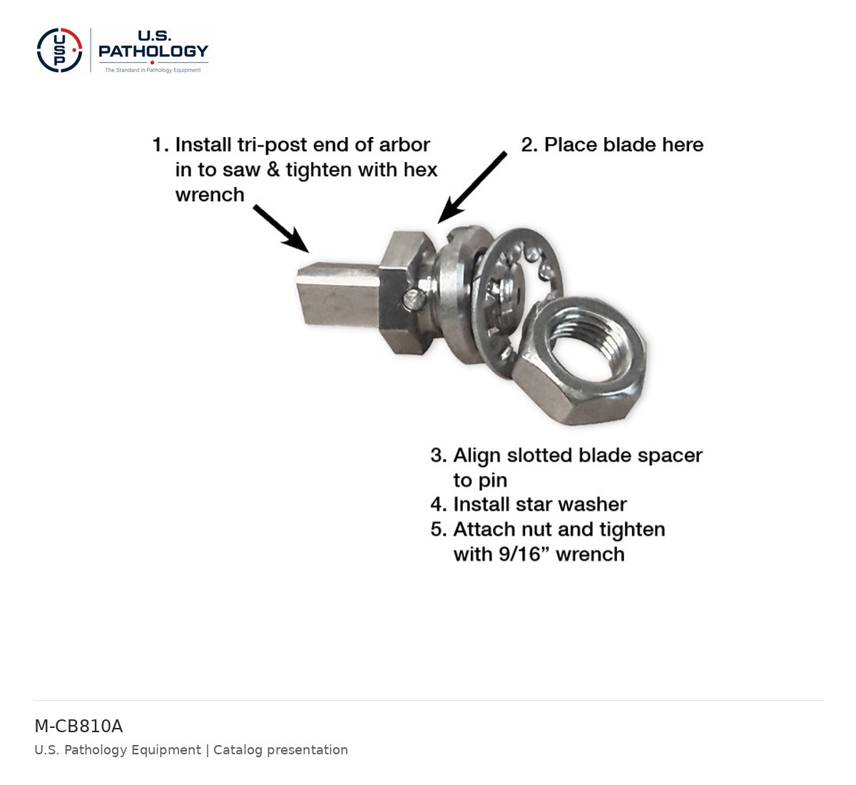 USPE Autopsy Saw Blade Arbor and Five-Blade Option – Arbor only – catalog reference M-CB810A; USPE catalog presentation