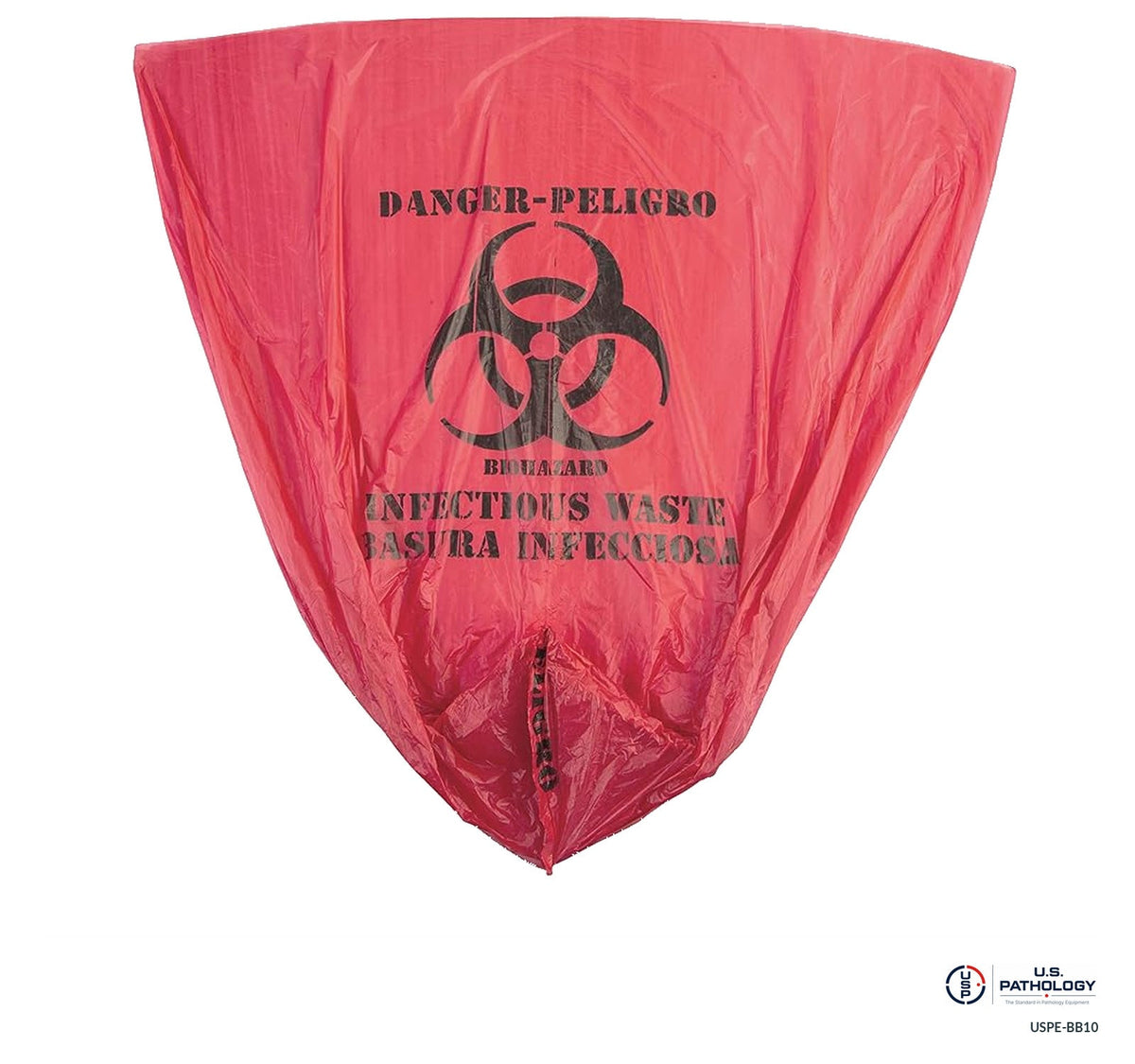 USPE 10-Gallon Red Biohazard Bags | 100-Pack; source-reference image with original safety labels retained; final supplied USPE assembly and glove carton fit unverified