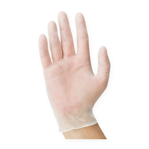 USPE Clear Vinyl Exam Gloves, clear glove, 9.5-inch length, powder-free, sold by the case